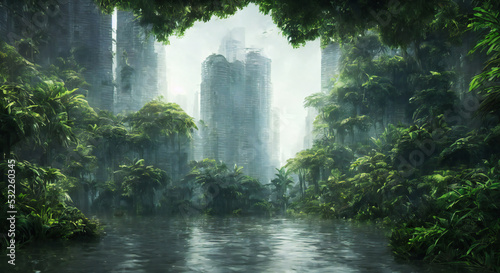 overgrown post-apocalyptic city, flooded cityscape photo