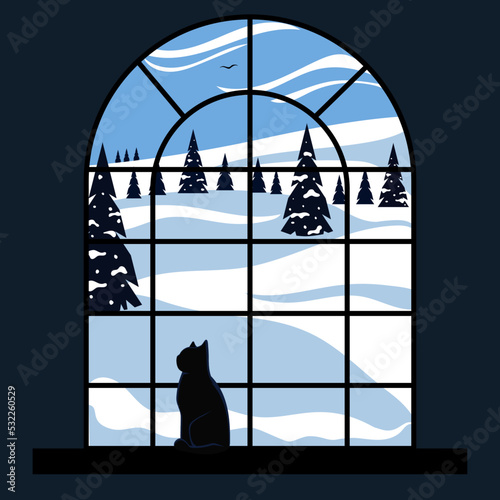 Window view of the winter landscape with cat silhouette cartoon vector illustration isolated on a white background. View through a window frame of a field covered with snow and Christmas trees.