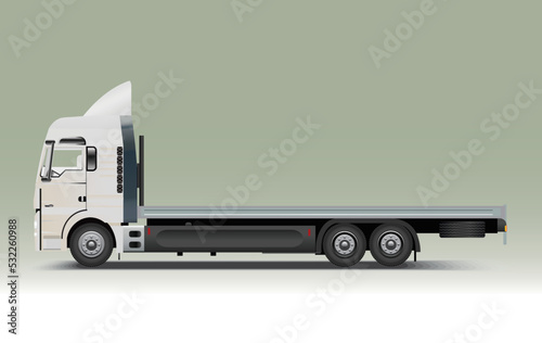 White cargo flatbed truck, side view, realistic vector illustration