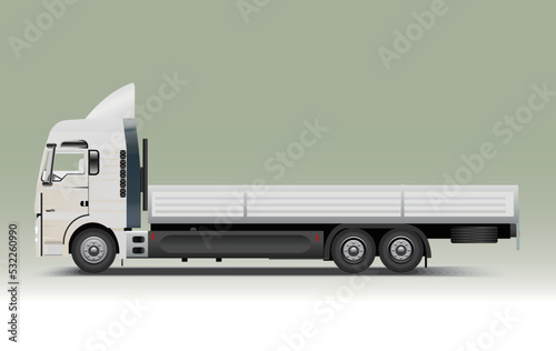 White cargo flatbed truck, side view, realistic vector illustration