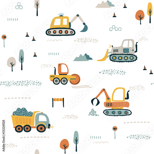 Kids seamless pattern with cars, tractors and road equipment.  Hand drawn vector illustration.