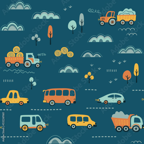 Kids seamless pattern with cars, buses and tractors.  Hand drawn vector illustration.