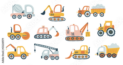 Kid’s hand drawn cute tractor and road equipment