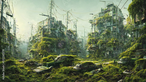 post-apocalyptic city, abandoned overgrown buildings photo