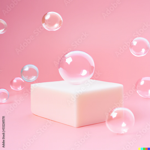 Pink product display podium with soap bubbles around it 3d illustration
