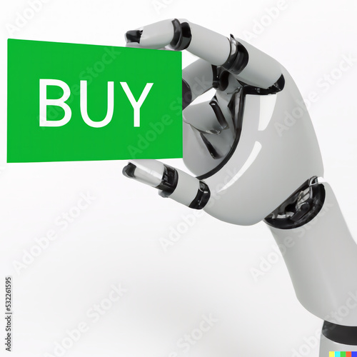 Trading bot concept, a robotic arm holding a card with buy text