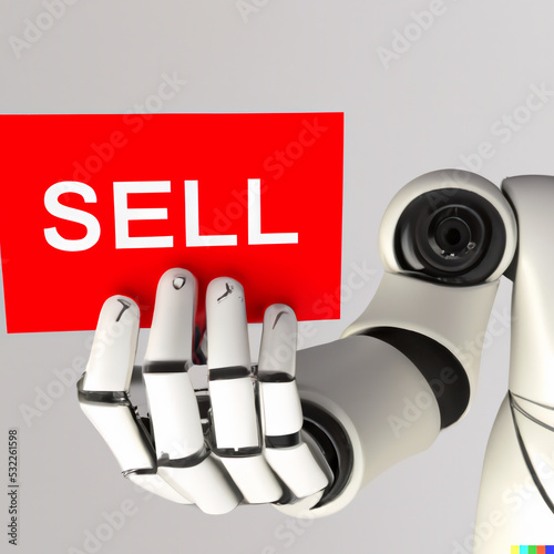 Trading bot concept, a robotic arm holding a card with sell text 