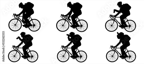 The guy is sitting on top of the bike, wearing a sports helmet, with a backpack on his back, drinking from a bottle. Animation of a cyclist holding a bottle. Black male silhouettes isolated on white