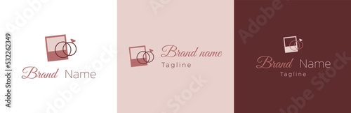Marriage photography logo design set, wedding photographer business symbol, espousal ceremony brand identity emblem concept, couple rings, editable commercial logotype, isolated on background