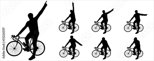 A guy in a bicycle helmet holds on to the handlebars of his bike with one hand and points in different directions with the other. The cyclist stands next to the bike. Silhouettes isolated on white
