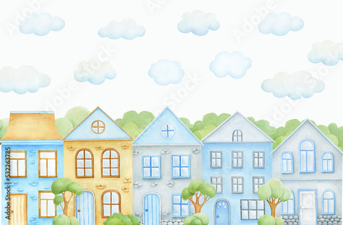 Watercolor houses  trees  hand-drawn set  isolated on white background