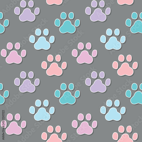 Animals colorful cartoon paws prints seamless pattern. Cute  footprints shape on dark background. Print for textiles and wallpaper. Vector illustration.