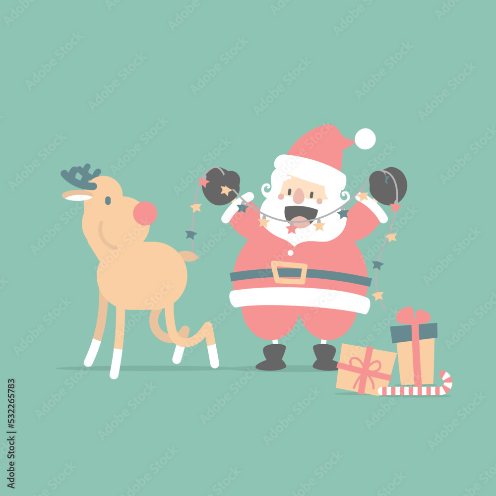 merry christmas and happy new year with cute santa claus and reindeer in the winter season, flat vector illustration cartoon character costume design