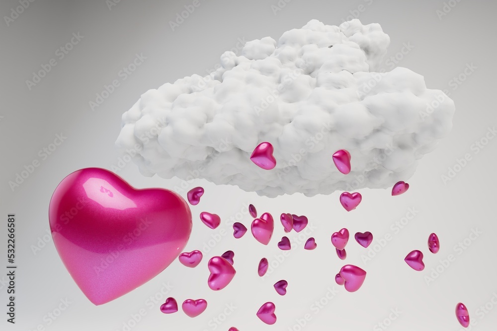 Obraz premium a declaration of love. a cloud from which hearts fall on a white background. 3D render