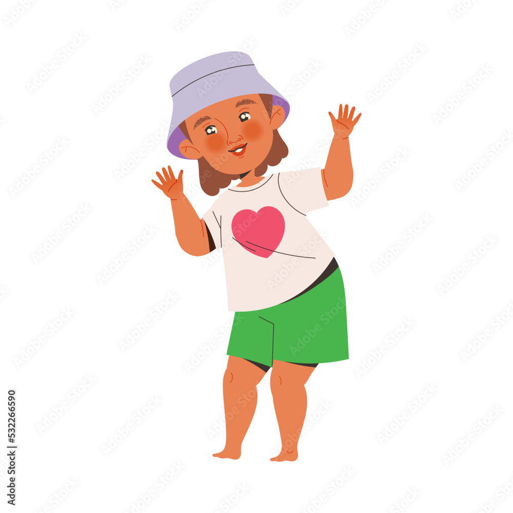 Playful Barefoot Little Girl Wearing Bucket Hat Enjoying Summer Vector Illustration Playful Barefoot Little Girl Wearing Bucket Hat Enjoying Summer Vector Illustration