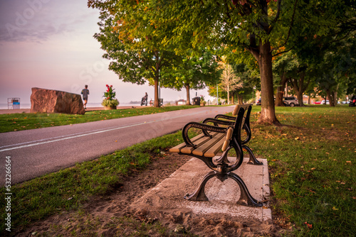 A park bench beside the Martin Goodman recreational trail in Toronto's Beaches neigbourhood at day break.

 photo