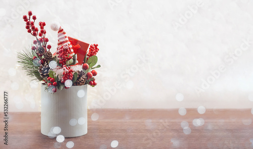 Merry Christmas background with Christmas trees and gifts. Banner. Copy space photo