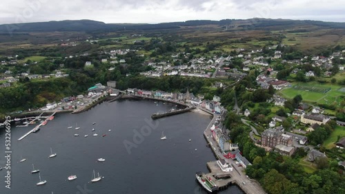 Aerial view on the Tobermory, UK now the main town on Mull island at the cloudy weather