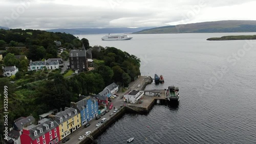 Aerial view on the Tobermory, UK now the main town on Mull island at the cloudy weather
