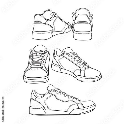 Set of hand drawn sneakers, gym shoes, top view. Image in different views - front, back, top, side, sole and 3d view. Doodle vector illustration. 