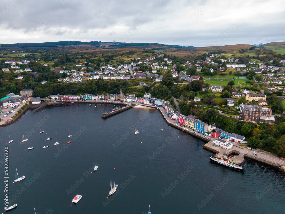 Aerial view on the Tobermory, UK now the main town on Mull island at the cloudy weather