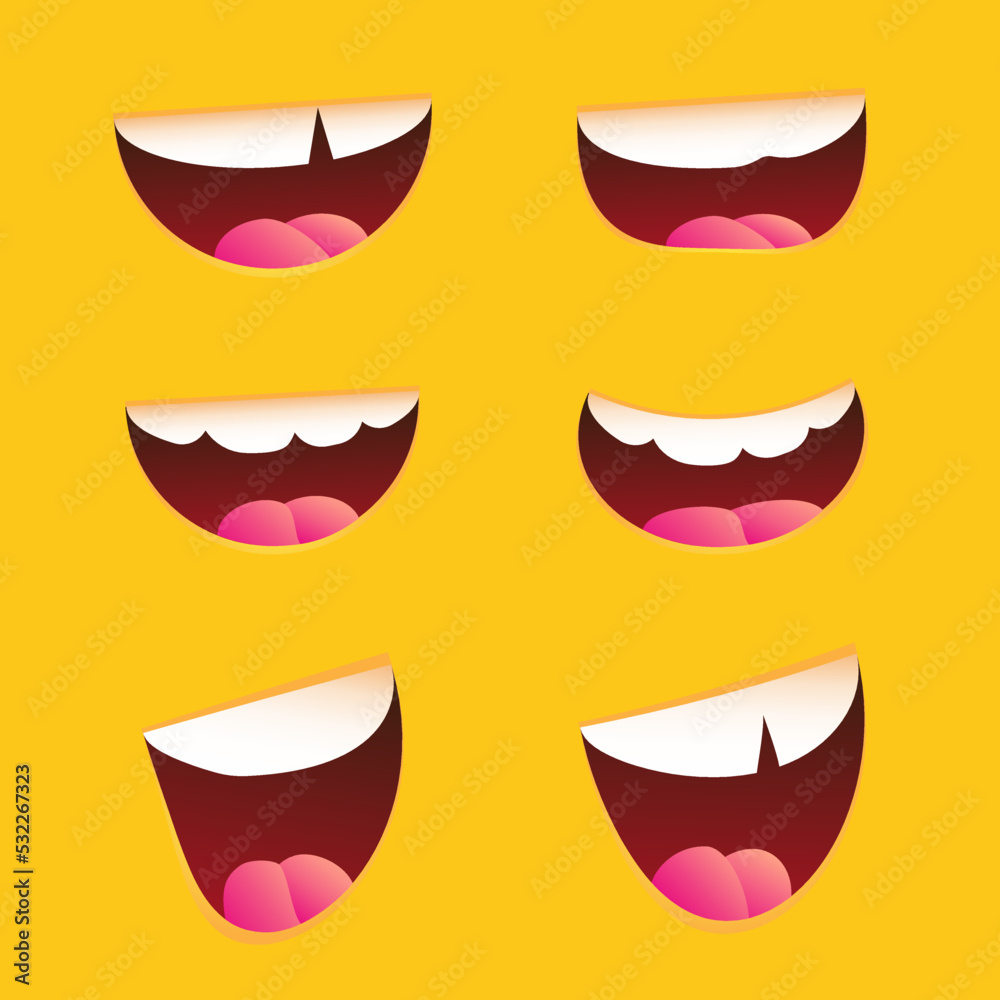 Funny Cartoon mouths set with different expressions on yellow background. Smile with teeth, tongue, surprised. Simple vector illustration.