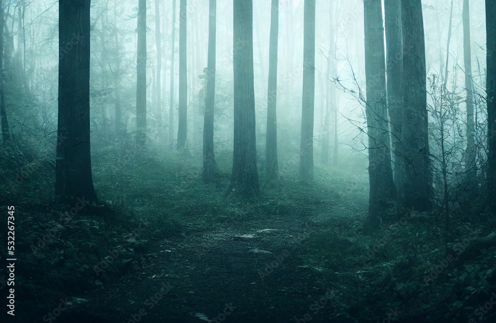 dark misty forest in autumn digital illustration dark misty forest in autumn digital illustration