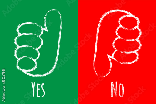 Hand gestures chalk icons set on red and green background. Thumbs up, dislike Isolated chalk vector chalkboard illustrations