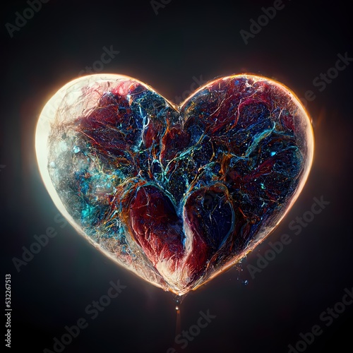 Space themed heart shape with glowing edge. 3d art render. photo