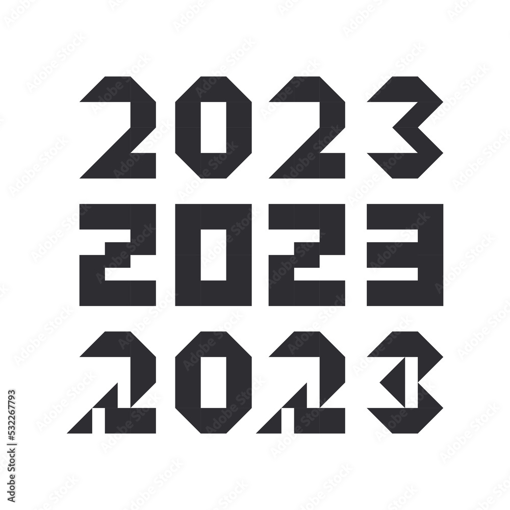 2023 stylized text set. New year number minimalistic pixel brutalism design template. Simple bauhaus Christmas logo decor for banner, card, brochure, cover and calendar. Vector illustration. 2023 stylized text set. New year number minimalistic pixel brutalism design template. Simple bauhaus Christmas logo decor for banner, card, brochure, cover and calendar. Vector illustration.