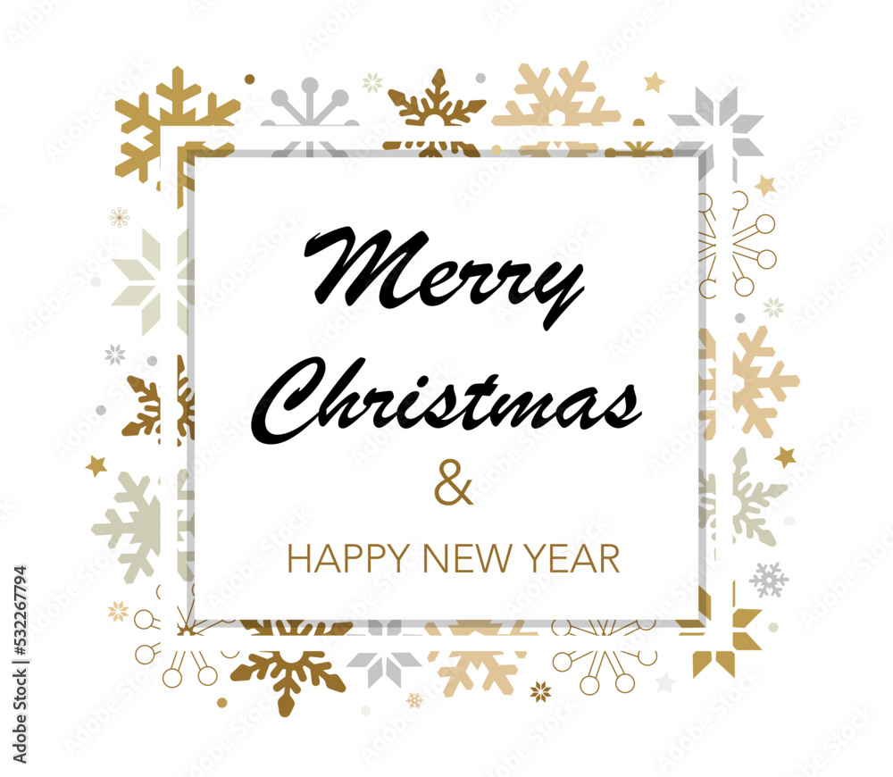 Merry Christmas and New Year card. Christmas concept with snowflakes in gold and silver colors. Vector graphics