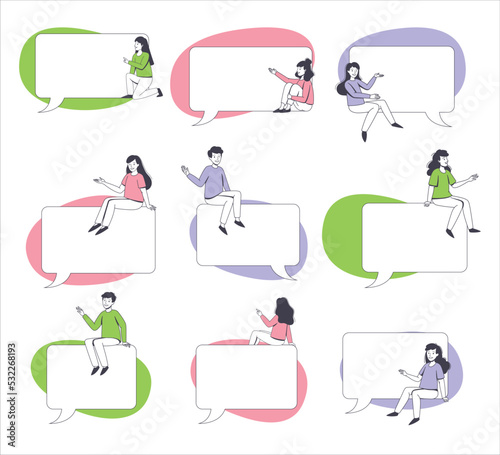 Communication Speech Bubble with People Character Sitting on It Vector Set