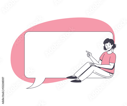 Communication Speech Bubble with Woman Character Sitting Near It Vector Illustration