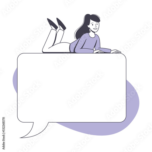 Communication Speech Bubble with Woman Character Lying on It Vector Illustration