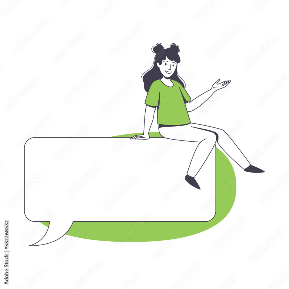 Communication Speech Bubble with Woman Character Sitting on It Vector Illustration