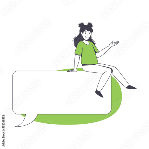 Communication Speech Bubble with Woman Character Sitting on It Vector Illustration