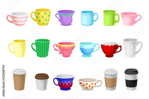Colorful Cup and Mug for Pouring or Drinking Hot or Cold Liquid Vector Big Set