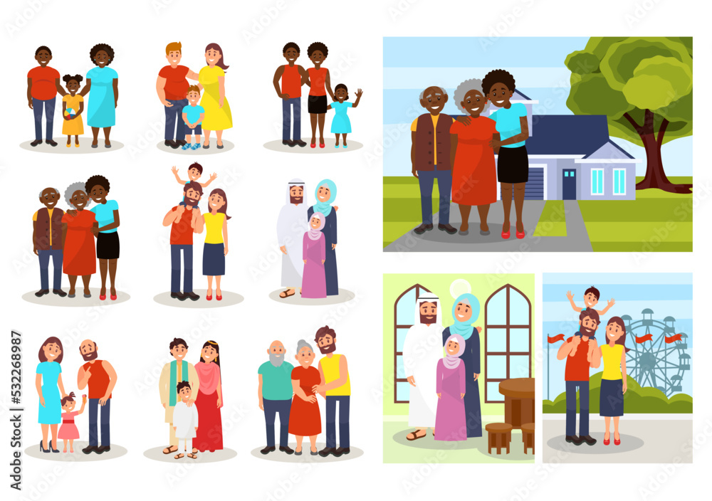 Family with Parent and Kids Standing Together Posing for Portrait Big Vector Set
