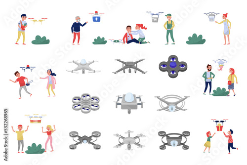People Characters Receiving First Aid Kit, Pizza, Bouquet Delivery by Quadcopter or Drone Vector Set