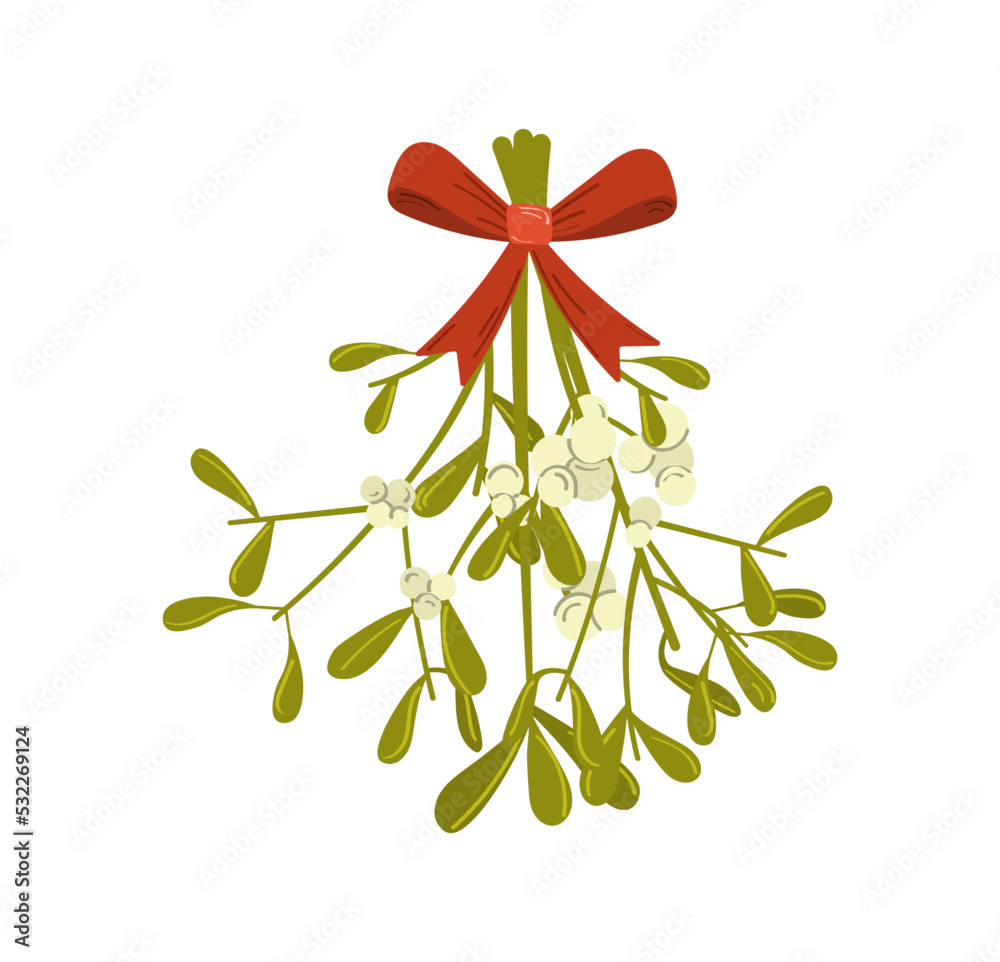 Mistletoe with red ribbon. Vector cartoon flat element Isolated on white background. Mistletoe with red ribbon. Vector cartoon flat element Isolated on white background.