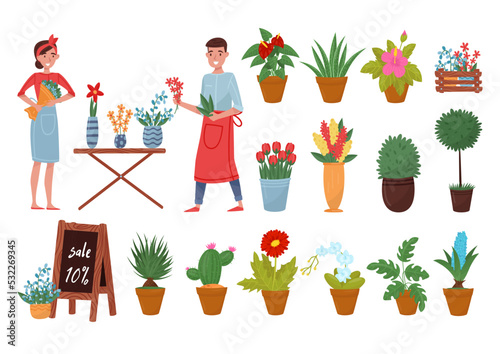 Man and Woman Florist Arranging Floral Bouquet in Flower Shop Big Vector Set