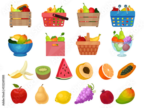 Fototapeta Naklejka Na Ścianę i Meble -  Fresh and Ripe Fruits in Basket, Crate and Bowl as Juicy Summer Food Big Vector Set