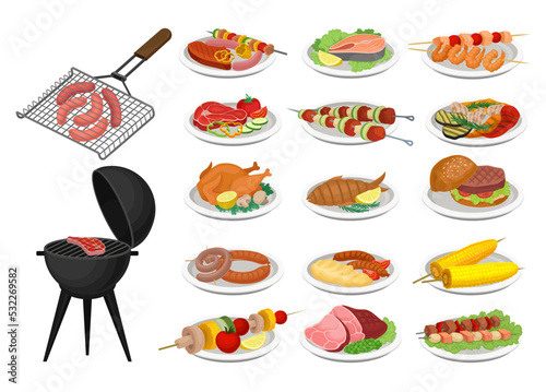 Barbecue Grilled and Fried Food Served on Plate with Grid and Skewer Big Vector Set