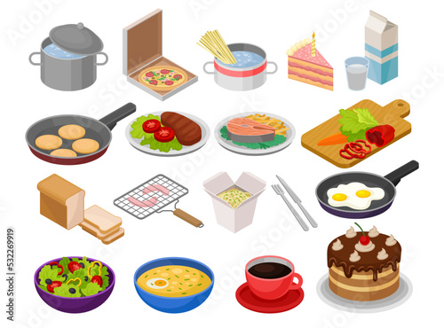 Food Cooking with Isometric Kitchenware, Culinary Equipment and Dish on Plate Big Vector Set