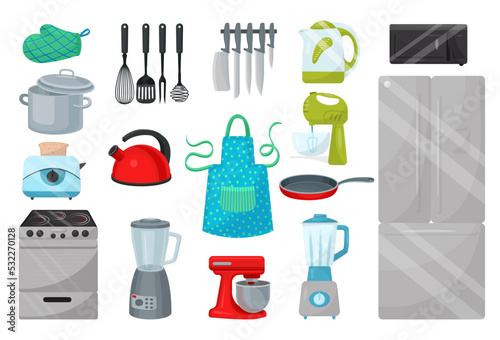 Kitchen Appliances and Kitchenware with Utensil and Electronic Device Big Vector Set