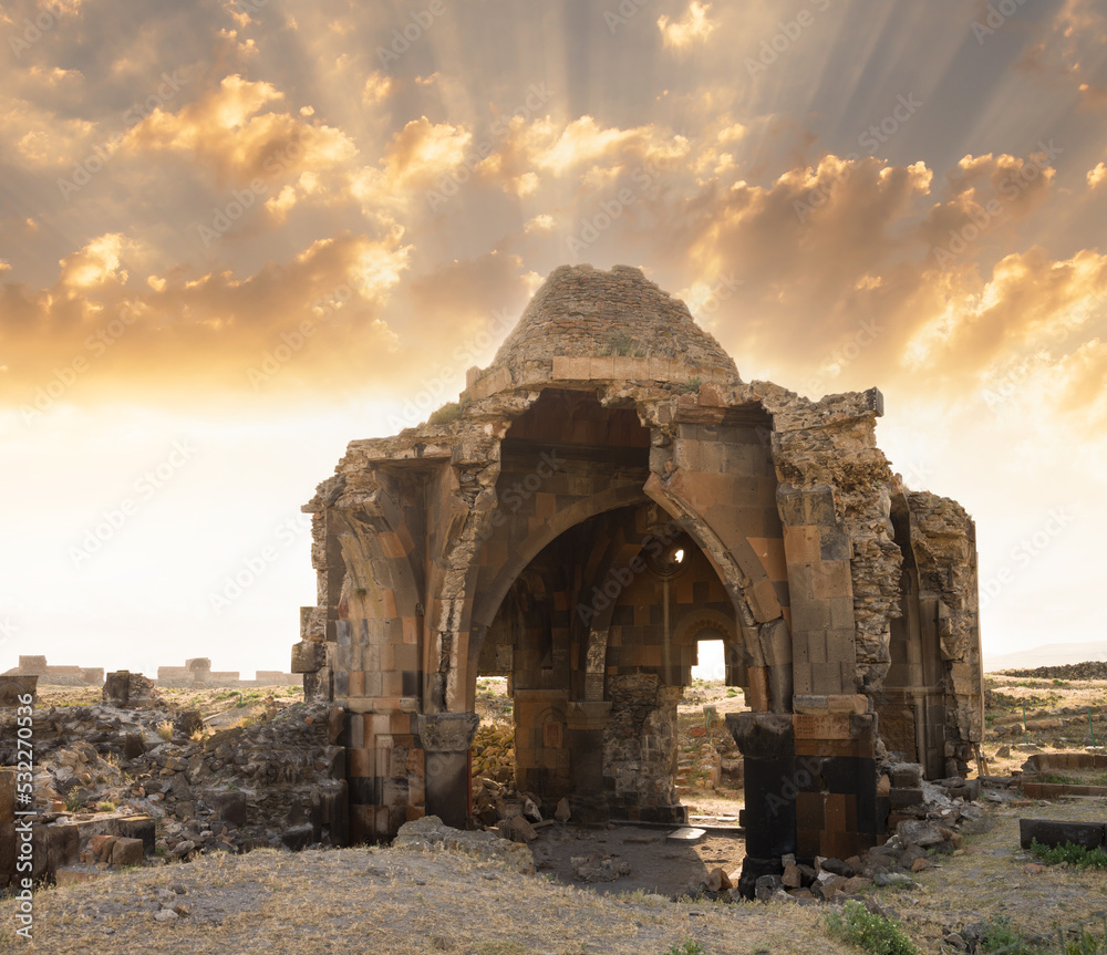 Historical Church and temple at sunrise. Ani city ruins historical ancient. Kars. Eastern Anatolia, Turkey.
