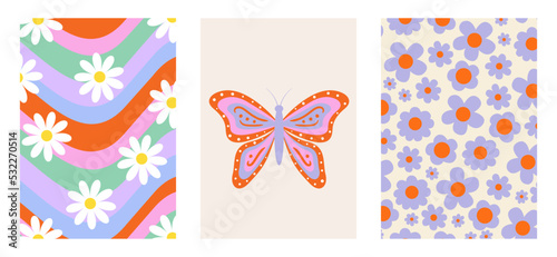 Set of colorful groovy posters in 70s and 60s hippy art style. Retro floral background, abstract waves and butterfly for prints and cards. Vintage nostalgia vector elements