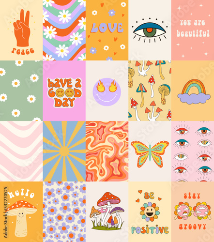 Set of colorful groovy posters in 70s and 60s hippy art style. Flowers, emoji, mushrooms, eyes and positive text illustrations for prints and cards. Vintage nostalgia vector elements