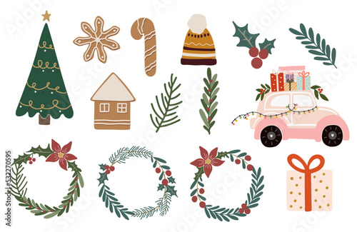 Christmas elements vector, Christmas illustration vector, New year banner, Abstract isolated Christmas items, Christmas food, drink, tree, decoration, light, clothes, gift, New year collection