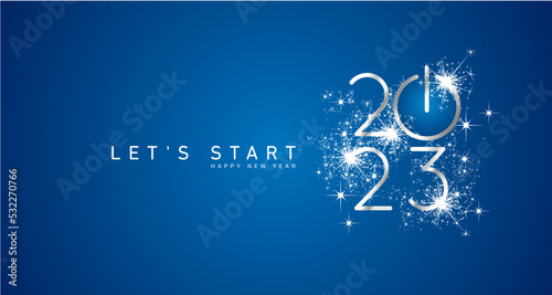 Start of Happy New Year 2023 silver white shining stars rounded typography blue background banner with turn on button icon